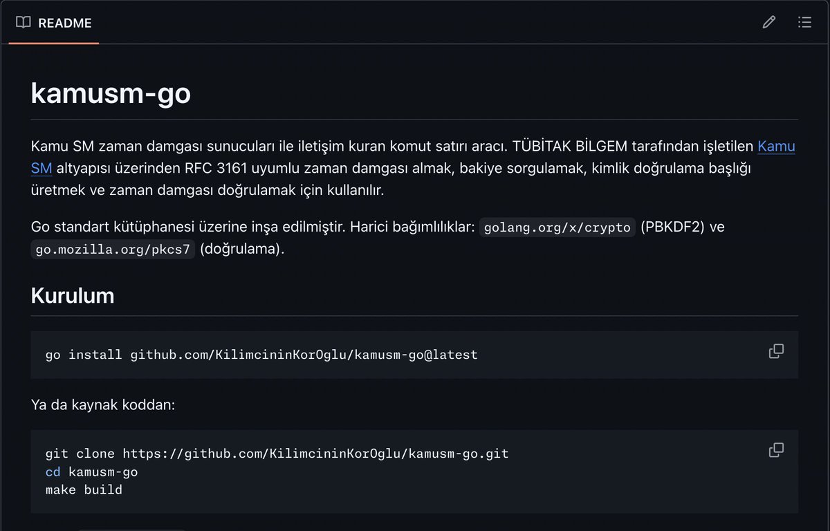 KorOglan's tweet image. KamuSM’in zaman damgası hizmeti için, jar yerine kullanabileceğiniz Go ile yazılmış hafif ve hızlı bir CLI aracı hazırladım.

Bu araçla KamuSM altyapısı üzerinden RFC 3161 uyumlu zaman damgası alabilir, bakiye sorgulayabilir, kimlik doğrulama başlığı üretebilir ve zaman damgası