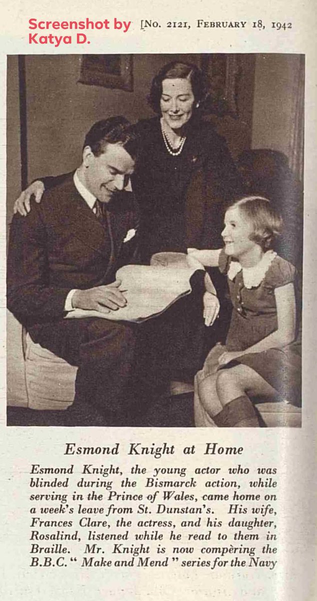Esmond Knight at home after battle with Bismarck and Hospital in Iceland. 18 February 1942. With 9 years old Rosalind Knight daughter and his first wife Frances Clare actress. #EsmondKnight