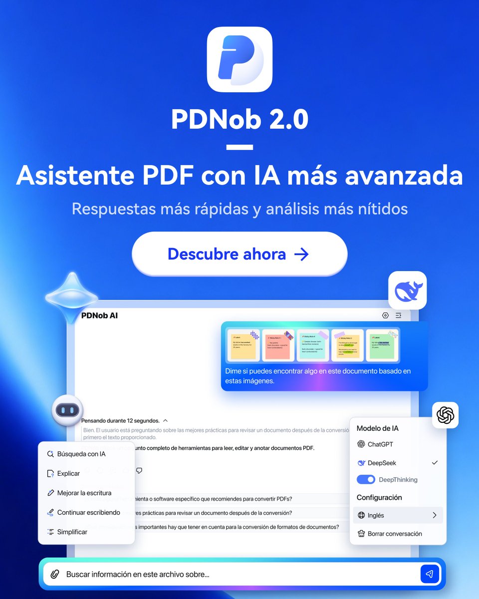 PDNobEspanol's tweet photo. PDNob 2.0 incorpora un asistente de IA más inteligente para tus PDFs.
Haz preguntas sobre tus documentos, obtén respuestas con referencias y sigue explorando con sugerencias, sin salir del archivo.
#PDNob #IAPDF #PDFEditor https://t.co/LjZMd70Hzh