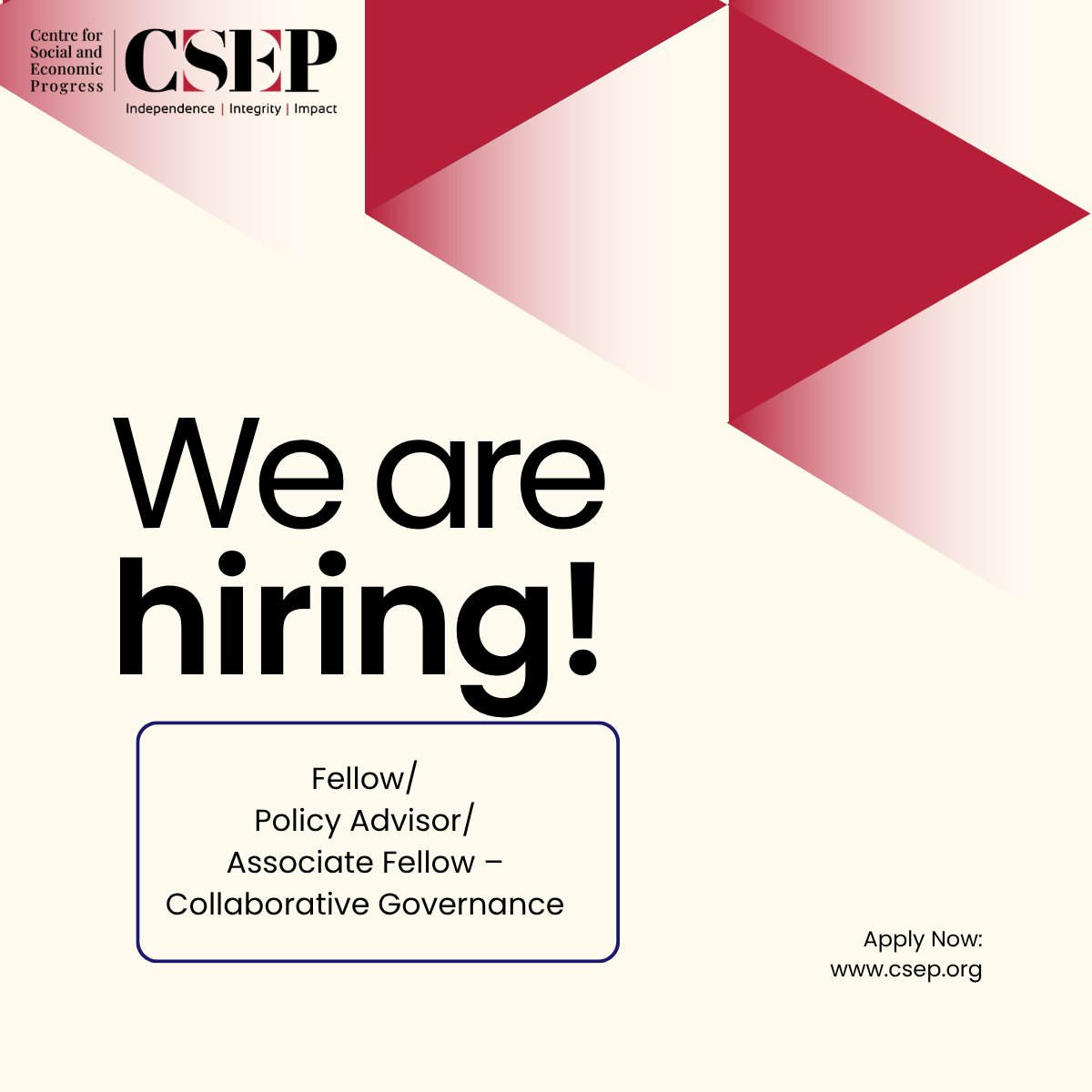 EconomicMisfit's tweet image. 📢 Fellow / Policy Advisor / Associate Fellow (Collaborative Governance)

The Centre for Social and Economic Progress is hiring a senior researcher to lead a flagship study on collaborative governance in India.

Eligibility

• PhD in Public Policy, Governance, Development