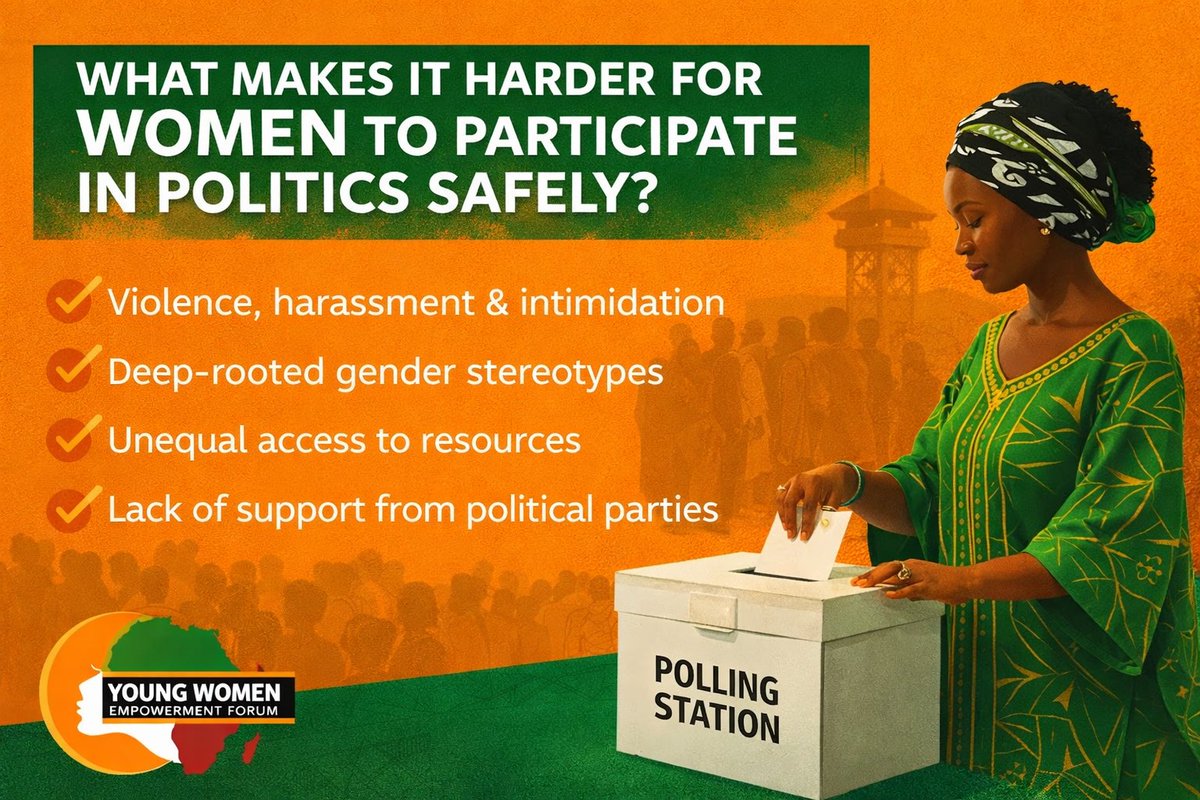 YWEF_'s tweet photo. Women deserve to participate in politics without fear. From harassment to unequal access, the barriers are real and they must be addressed. Let’s create safe, inclusive political spaces for women. 
💚🧡
#KnowYourRights 
#KnowTheConstitution 
#HerRightsHerPower https://t.co/C2l3A4oB9i