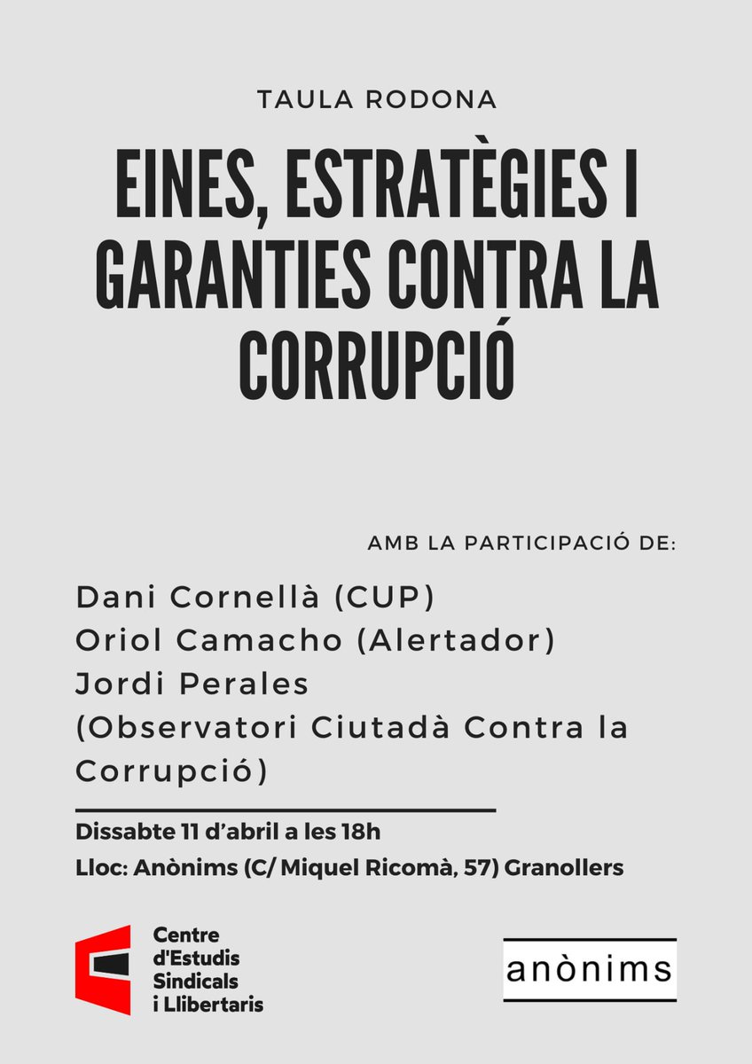 CentreEstudisSL's tweet photo. Taula rodona sobre la corrupció 

El terme corrupció generalment fa referència a l'ús indegut del poder o de l'autoritat conferida a un funcionari públic per obtenir beneficis personals o per a tercers, en contravenció de la llei o dels principis ètics i morals. https://t.co/mbOmxBUU25