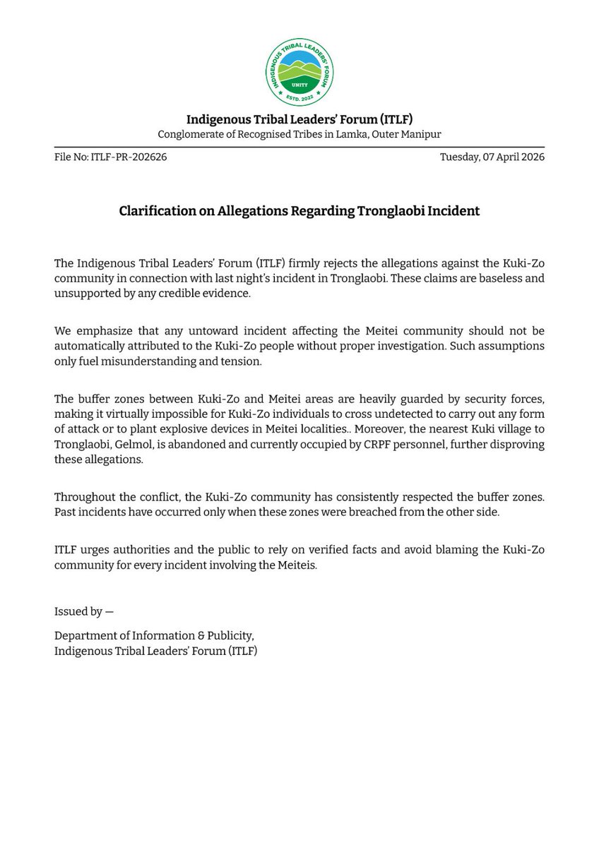 The KZC and ITLF have both condemned the incidents that occurred today in Bishnupur, #Manipur. We would like to remind everyone that buffer zones are strictly enforced, and no one, not even the Lok Sabha MP of Inner Manipur, can violate these zones. Therefore, the question of