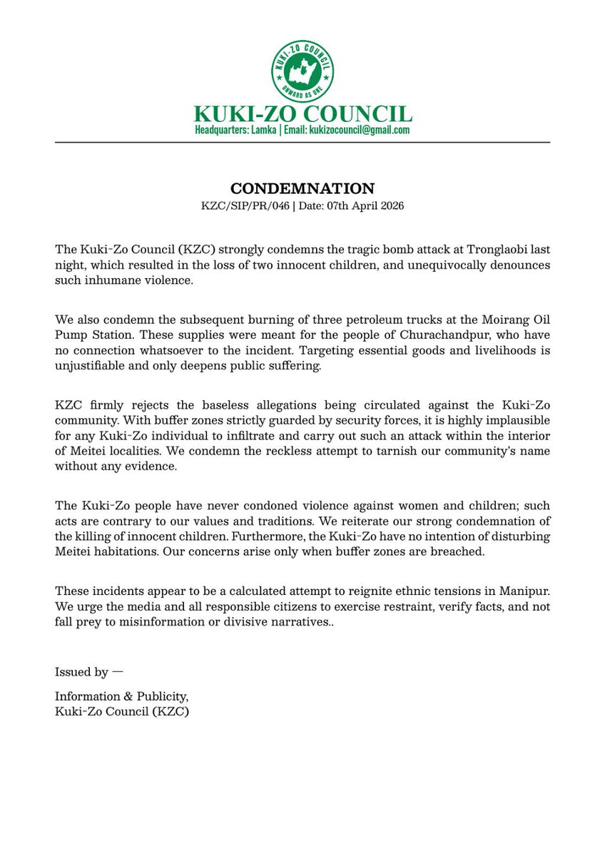 minkukizo's tweet photo. The KZC and ITLF have both condemned the incidents that occurred today in Bishnupur, #Manipur. We would like to remind everyone that buffer zones are strictly enforced, and no one, not even the Lok Sabha MP of Inner Manipur, can violate these zones. Therefore, the question of Kukis having anything to do with this incident does not arise.

@Spearcorps @official_dgar @crpfindia @manipur_police @easterncomd @YKhemchandSingh @HMOIndia @PMOIndia @NIA_India