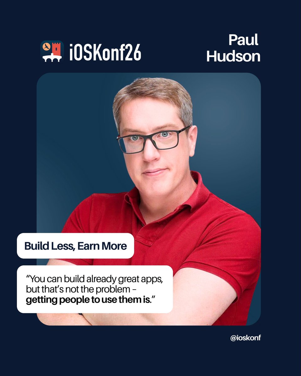 <a href="/twostraws/">Paul Hudson</a> (Hacking With Swift) is coming to iOSKonf with a talk you need to hear.

Build Less, Earn More.

This talk shows how to find a strong idea, sharpen it fast, and ship for real traction so your side project gets downloads and earns money. 🚀

🎟️🔗 ioskonf.mk/tickets