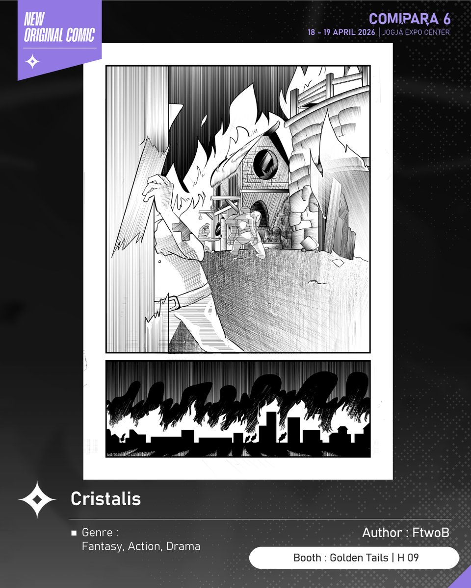 comipara_id's tweet image. [COMIC RAID]
Author: FtwoB
Booth: H 09  -  Golden tails

Kali ini ada komik baru karya Kak FtwoB, berjudul "Cristalis" yang akan dijual di Comipara 6 besok lho!

Sampai ketemu di venue! ✨

Comipara 6
18-19 April 2026
Jogja Expo Center

"Connect your passion!"

#comicraid6