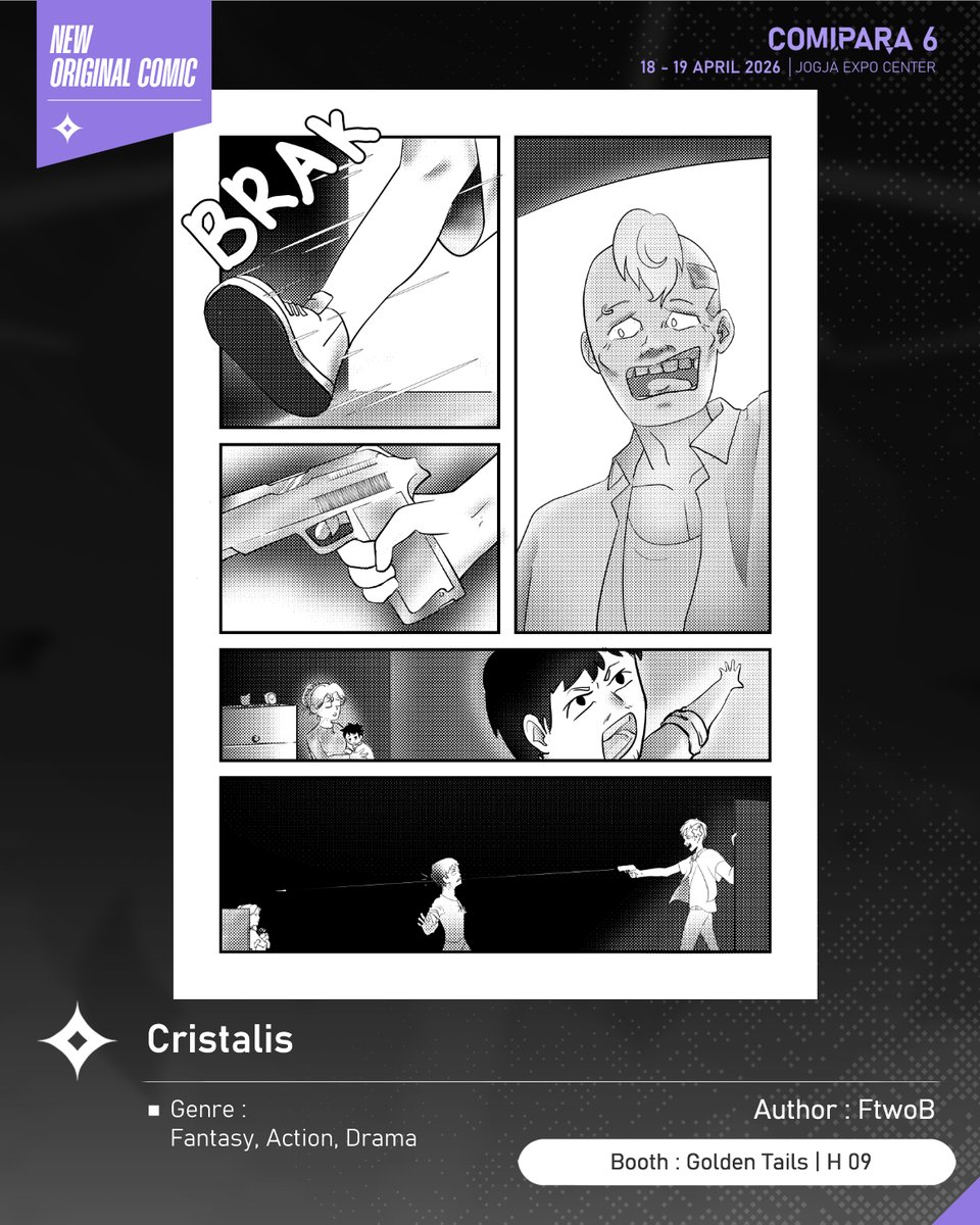 comipara_id's tweet image. [COMIC RAID]
Author: FtwoB
Booth: H 09  -  Golden tails

Kali ini ada komik baru karya Kak FtwoB, berjudul "Cristalis" yang akan dijual di Comipara 6 besok lho!

Sampai ketemu di venue! ✨

Comipara 6
18-19 April 2026
Jogja Expo Center

"Connect your passion!"

#comicraid6