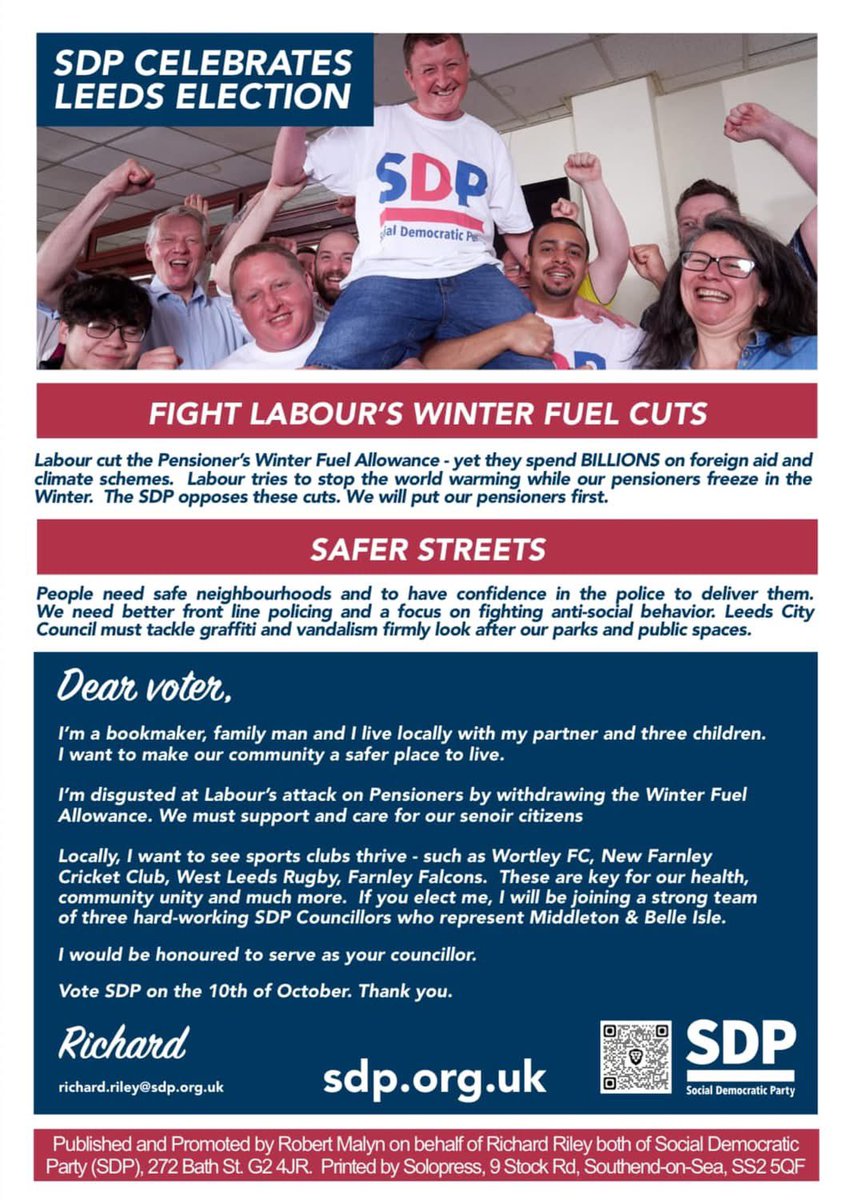 SDPYorksHumber's tweet photo. Richard Riley, a Bookmaker is standing in the Farnley &amp; Wortley Ward for Leeds City Council 🗳️

It’s fantastic to see candidates stepping up to give people a genuine choice 🙌

Join us at https://t.co/n2ZNua2Ij3 
#VoteSDP #May7th @SDPhq https://t.co/8tGMmc0ara