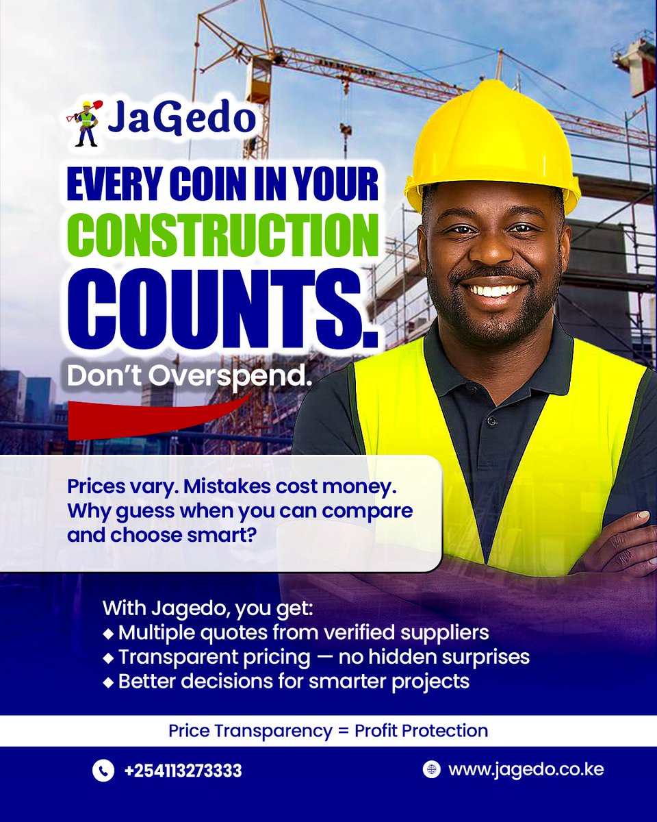 You wouldn't pay double for unga if the next shop is cheaper. Same logic applies to your construction materials.

Stop overpaying. Get multiple quotes, see transparent pricing, and make a decision you won't regret.

Sign up today jagedo.co.ke/signup / call +254113273333