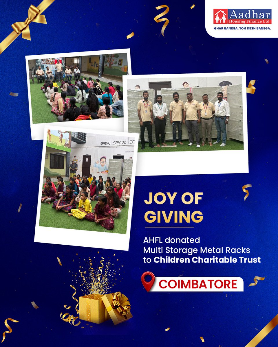 AadharHousing's tweet photo. Under the Joy of Giving initiative, Team Coimbatore supported Children Charitable Trust by donating multi-storage metal racks, helping strengthen care and learning spaces for underserved children in Tamil Nadu.
#AadharHousingFinance #CSRAtAadhar #JoyOfGiving #CSRActivity https://t.co/yBrn3hEfTB