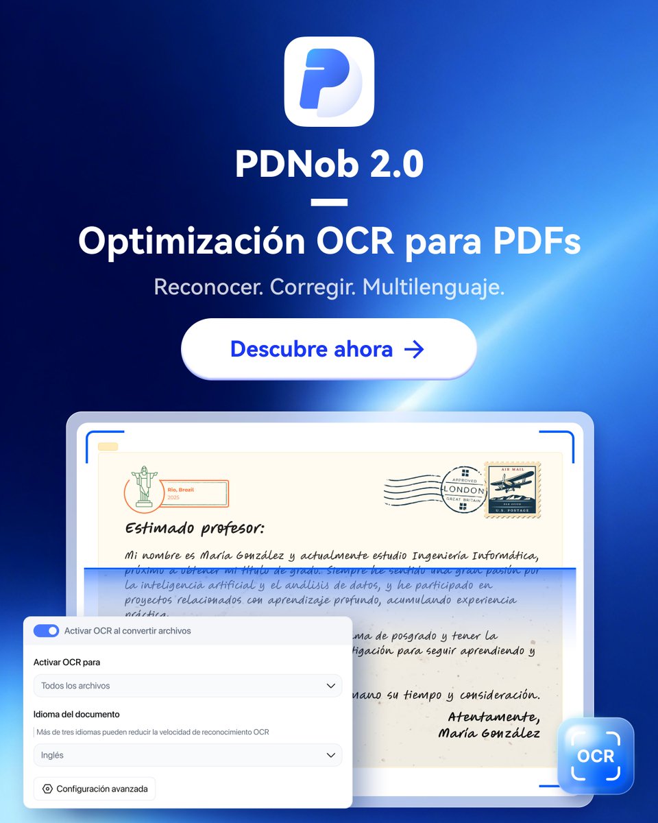 PDNobEspanol's tweet photo. El OCR de PDNob 2.0 da un salto de calidad.
Con corrección automática, mejora de imagen y soporte multilingüe, obtienes resultados más claros y precisos en cada uso.
#PDNob #OCRPDF #PDFEditor https://t.co/u4WBJNHleo