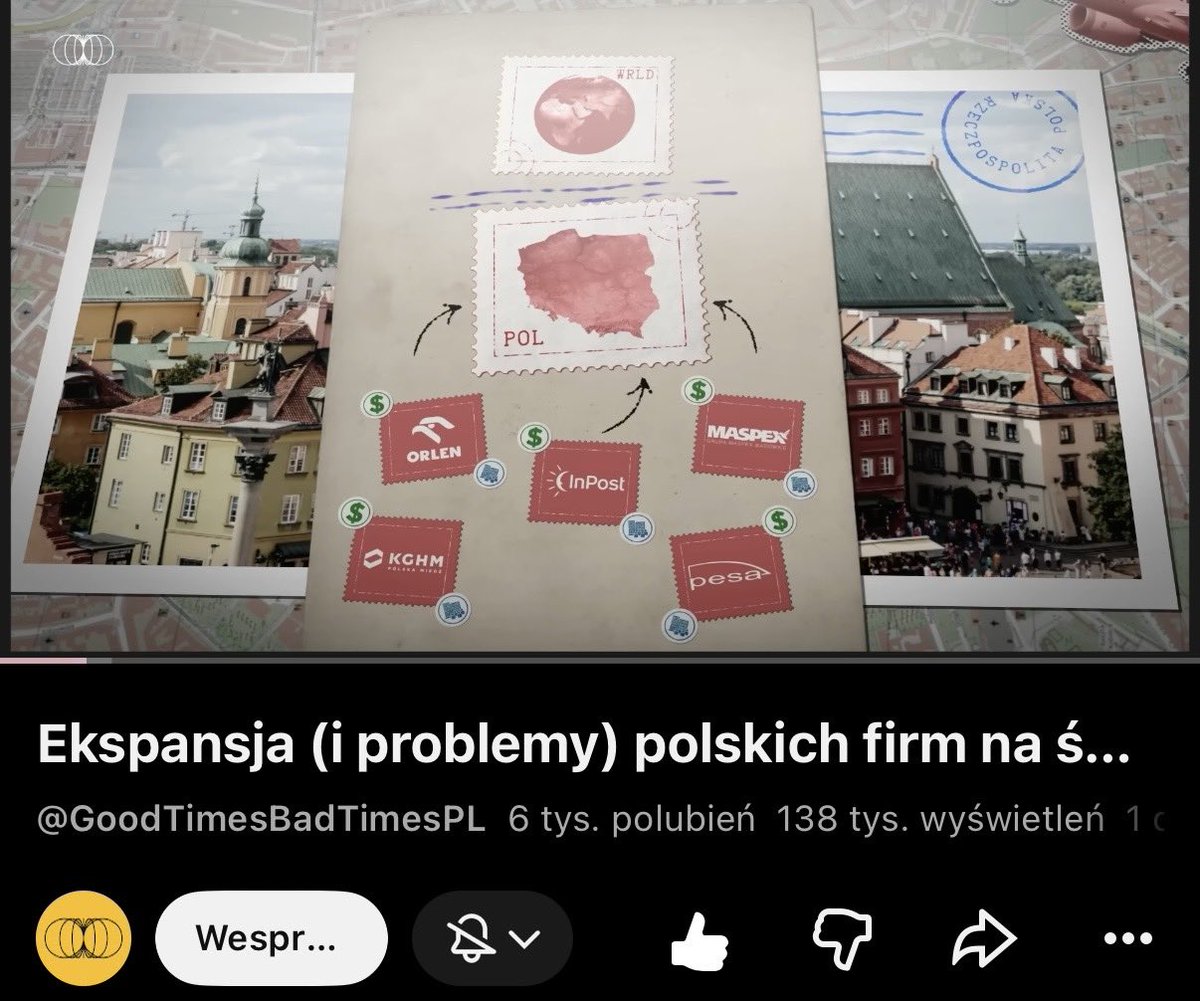 Czubakovic's tweet photo. #GPW

Na kanale @FP_GTBT_PL pojawił się ciekawy materiał o ekspansji 🌍zagranicznej naszych rodzimych spółek.

W materiale jest ich bardzo dużo. Można dowiedzieć się różnych ciekawych rzeczy 📊.
 
Między innymi opisywane są:

👉 #XTB #PKN #KGHM #Selena #WP #InterCars #Inpost #Maspex #Oponeo

I wiele innych.

Gorąco polecam obejrzeć ten odcinek, jak i cały kanał.

Chłopaki robią naprawdę dobrą robotę.

#FinTwit #FinX #Polska #Duma #WIG