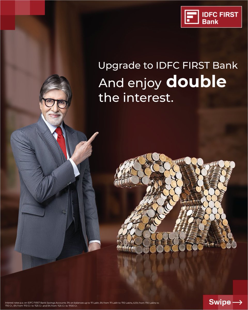 IDFCFIRSTBank's tweet photo. Double the joy of saving, double the happiness of earning. With balances above ₹1 lakh, your money grows with 2X the interest. So you can do more of what you love, without holding back.
Open Account Now: https://t.co/nJKkG0D9n9
#IDFCFIRSTBANK #AlwaysYouFirst #SavingsAccount https://t.co/cc6YmKPONg