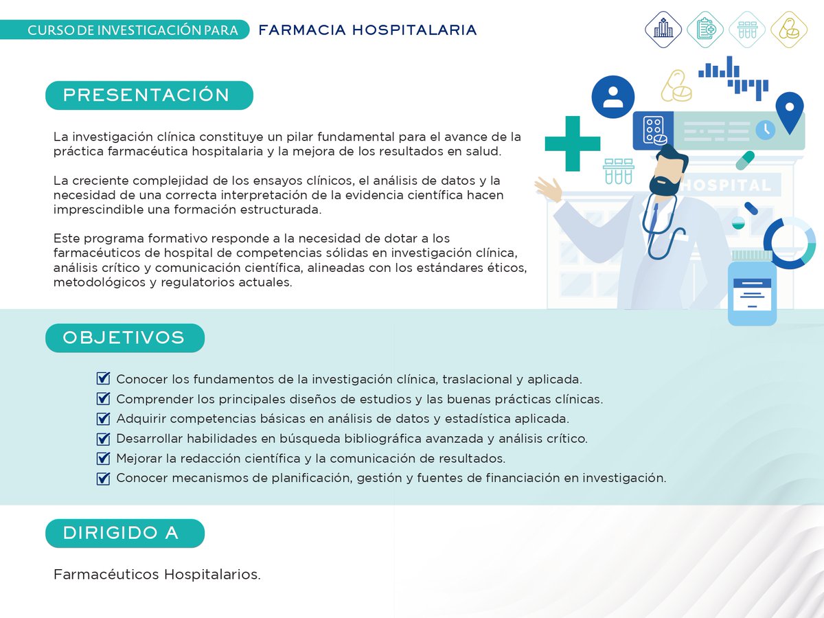sefh_'s tweet photo. 🔬💊🏥Curso de Investigación para Farmacia Hospitalaria @sefh_ @ufvmadrid con colab. @AbbVie_ES 

🗓️Inicio: 5 mayo (duración: 5 meses)
🎓 5 ECTS

Si eres socio/a SEFH solicita una de las 25 plazas disponibles antes del 13 de abril 👉 https://t.co/MsmKWttX6q https://t.co/F0Y3UVbp0x