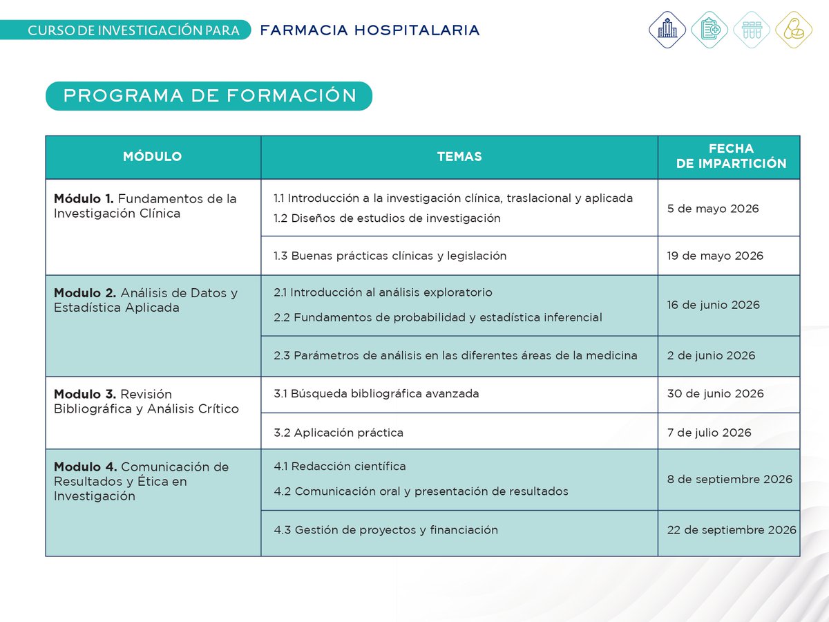 sefh_'s tweet photo. 🔬💊🏥Curso de Investigación para Farmacia Hospitalaria @sefh_ @ufvmadrid con colab. @AbbVie_ES 

🗓️Inicio: 5 mayo (duración: 5 meses)
🎓 5 ECTS

Si eres socio/a SEFH solicita una de las 25 plazas disponibles antes del 13 de abril 👉 https://t.co/MsmKWttX6q https://t.co/F0Y3UVbp0x