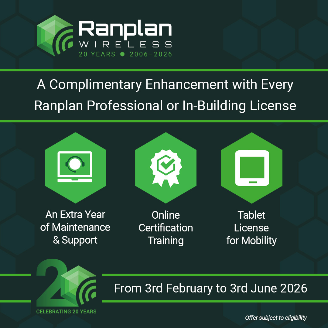 ranplan's tweet photo. Ranplan has been helping network professionals plan and optimise wireless networks for 20 years. As part of our 20th Anniversary promotion, customers purchasing qualifying licenses can choose one complimentary enhancement.
https://t.co/n1x9TlofC2
#Ranplan20 #WirelessDesign https://t.co/XfZ6PYtNLZ