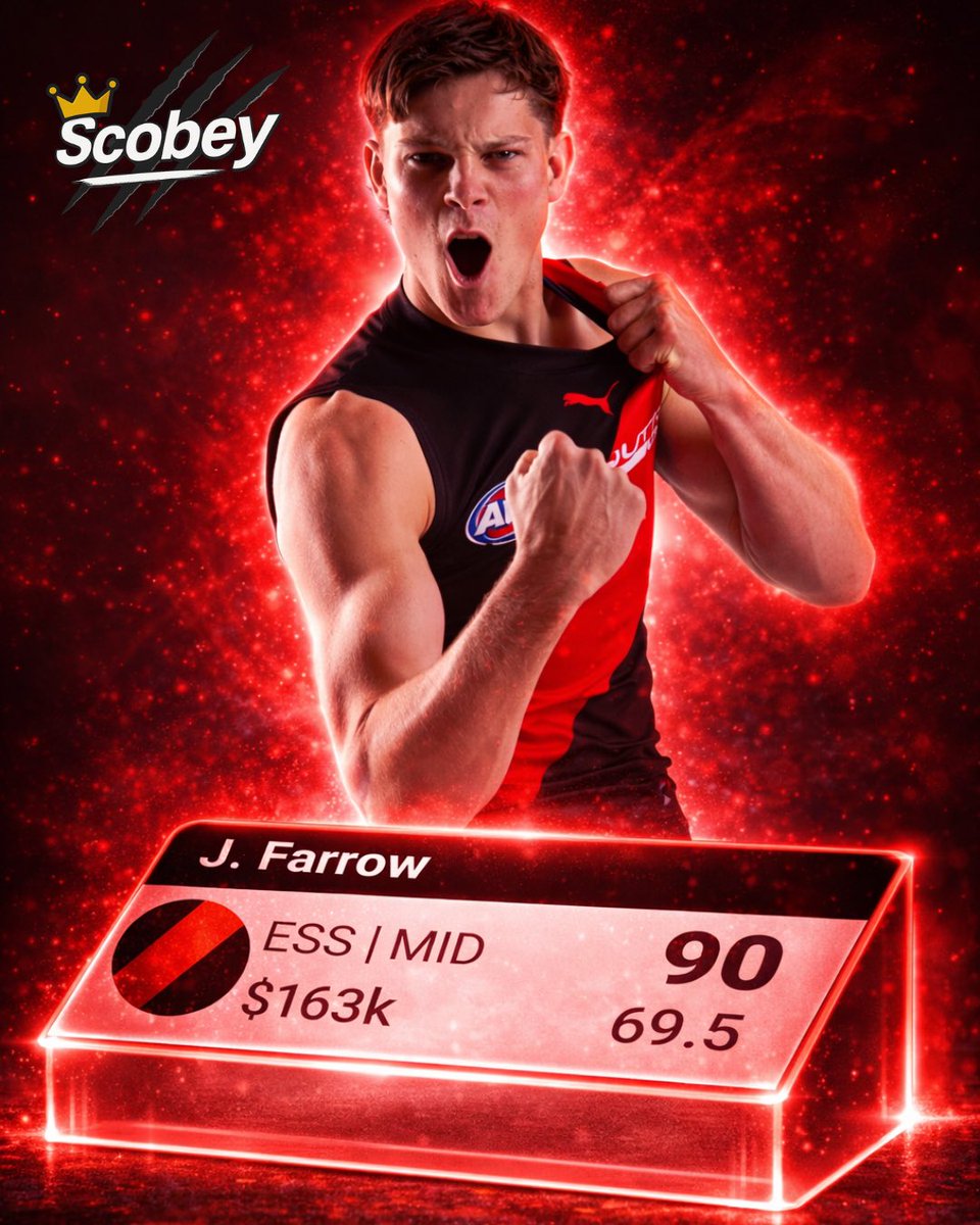 Scobey__'s tweet photo. #SuperCoach 

Jacob Farrow is my #1 Rookie downgrade target this week. It's fairly straightforward. 

- DPP. ✅ 
- Playing for a team who will see A LOT of it down back. 👅 
- Loves a mark. 
- Beautiful left peg. 👀 

Going at 65's which I think is unders ⬇️ 

R5: 211.2k BE: -31
R6: 254.4k BE: 19
R7: 275k BE: 31
R8: 290.2k BE: 40
R9: 301.4k BE: 46