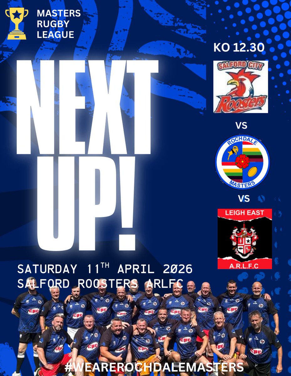 RochdaleMasters's tweet photo. 👊 | YOUR MASTERS ARE BACK! 

📅 | Sat 11th April
🆚 | Salford-City Roosters &amp; Leigh East Masters
🏟️ | Salford City Roosters
🕒 | 12:30

‘’We don’t stop playing because we grow old, we grow old because we stop playing’ https://t.co/J7S8KXhLqh