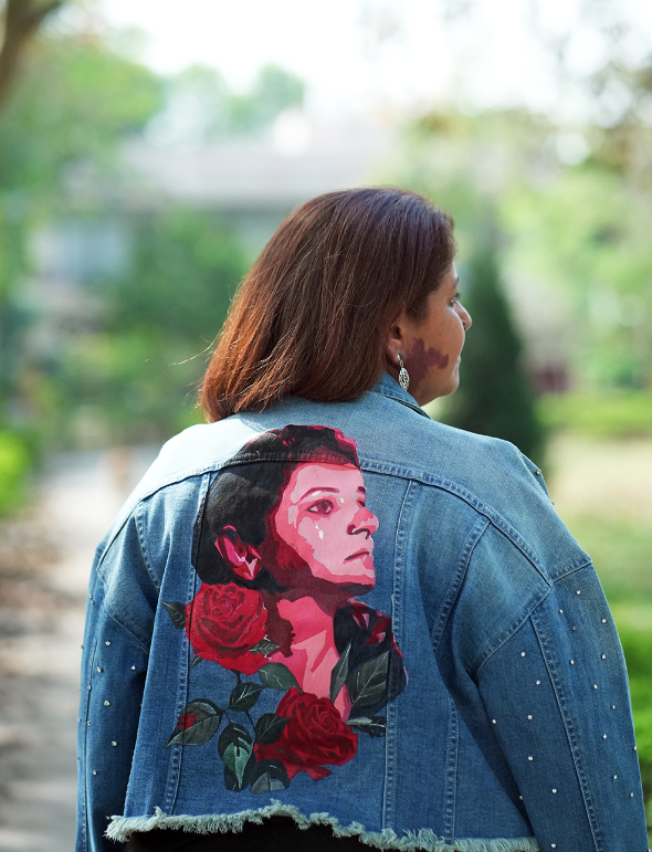 ImperfectRavi's tweet photo. Art speaks—and so do those who wear their stories with pride.  Living with a Port Wine Stain, they choose visibility over stigma, calling it nature’s brushstroke. created this custom jacket for PWS awareness ambassador.  #PWSAwareness #WearableArt https://t.co/KjTsaeZ1dV