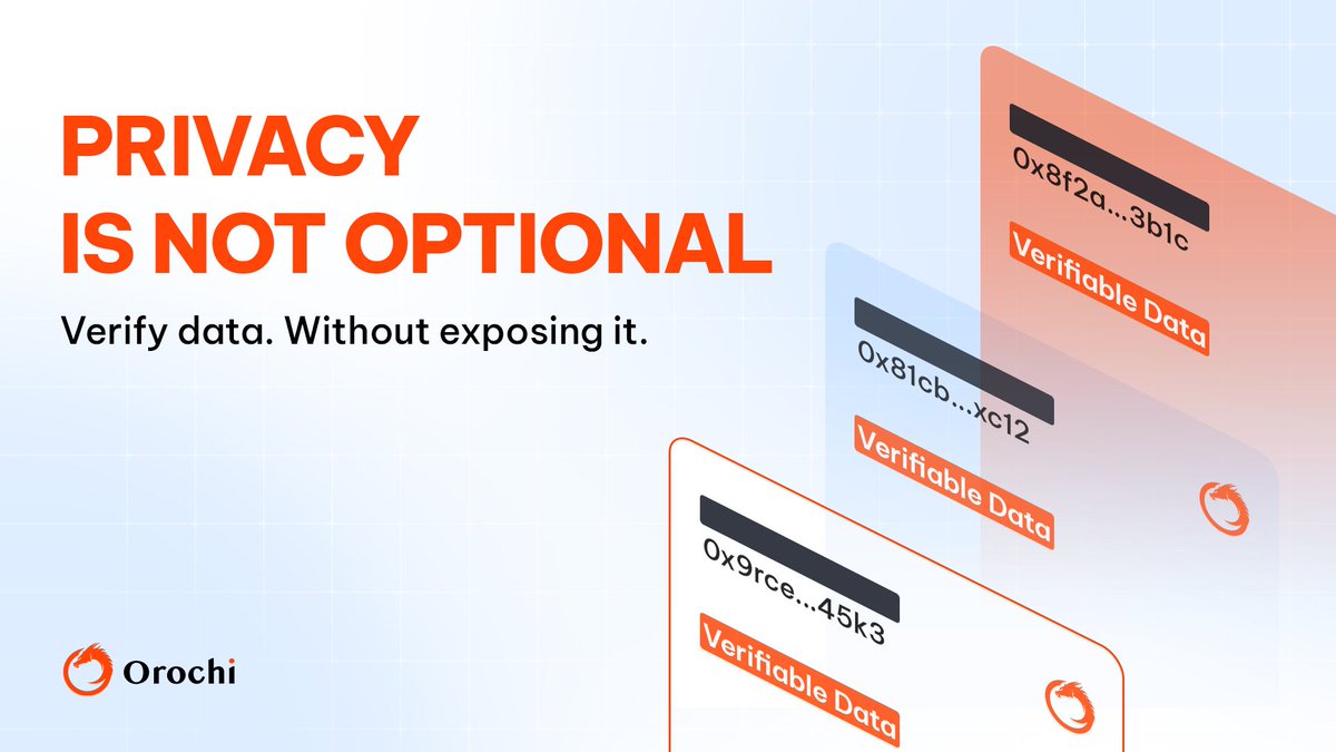 OrochiNetwork's tweet photo. Institutions don't have a blockchain problem. They have a privacy problem.

Public chains show every transaction to everyone. No fund with fiduciary obligations will put client positions on a transparent ledger. That alone keeps most institutional capital off-chain.

zkDatabase turns private data into Verifiable Data using Zero-Knowledge Proofs. The proof goes on-chain. The data stays private. Anyone can verify it.
→ How it works: https://t.co/FSbGPESNGJ