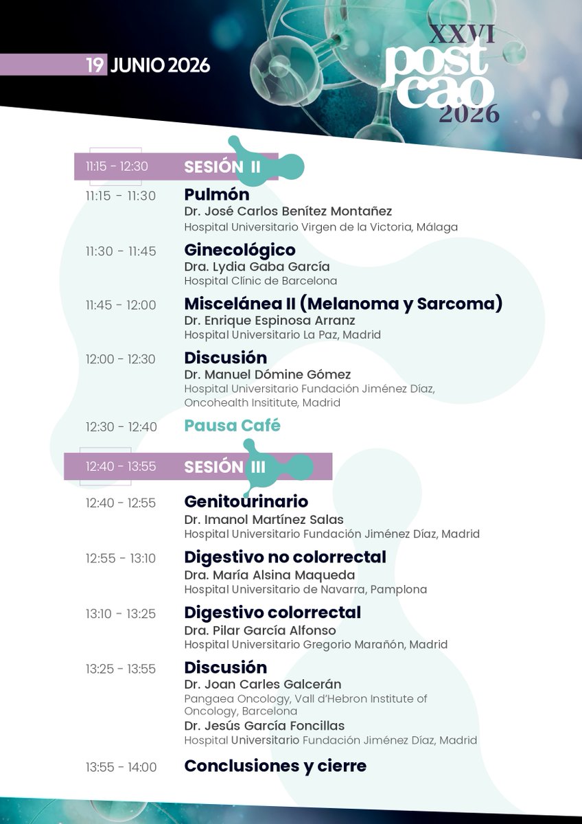 Post_CAO's tweet photo. ¡Ya tenemos programa!
El 19 de junio POST CAO 2026 revisará lo más relevante de #ASCO2026 para la práctica clínica real.
3 sesiones, 7 áreas tumorales y debate estructurado entre Madrid y Barcelona.
Programa y + info en: https://t.co/cMbkUebQgt
#POSTCAO26 #OncologíaClínica https://t.co/RUJg1aDq2n
