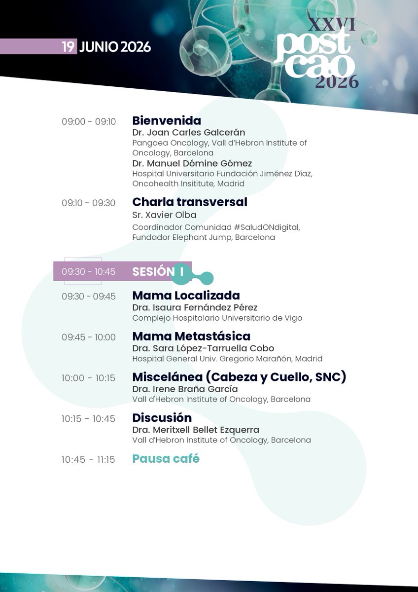 Post_CAO's tweet photo. ¡Ya tenemos programa!
El 19 de junio POST CAO 2026 revisará lo más relevante de #ASCO2026 para la práctica clínica real.
3 sesiones, 7 áreas tumorales y debate estructurado entre Madrid y Barcelona.
Programa y + info en: https://t.co/cMbkUebQgt
#POSTCAO26 #OncologíaClínica https://t.co/RUJg1aDq2n