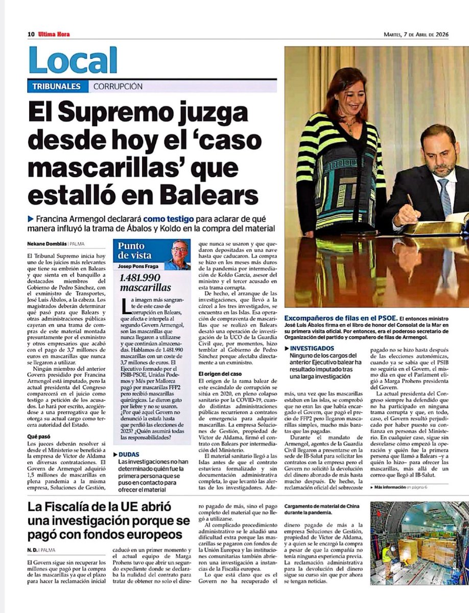 NNGGBalears's tweet photo. Setmana de Champions League i el Mallorca acaba de guanyar al Real Madrid,

Però la portada és aquesta👇👇

Mentre els ciutadans de les Balears ho passaven malament, @F_Armengol i el @psibpsoe feien negocis i corrupció amb la trama.😳

Ara, als jutjat a passar comptes… https://t.co/MIJ4DNhGSm