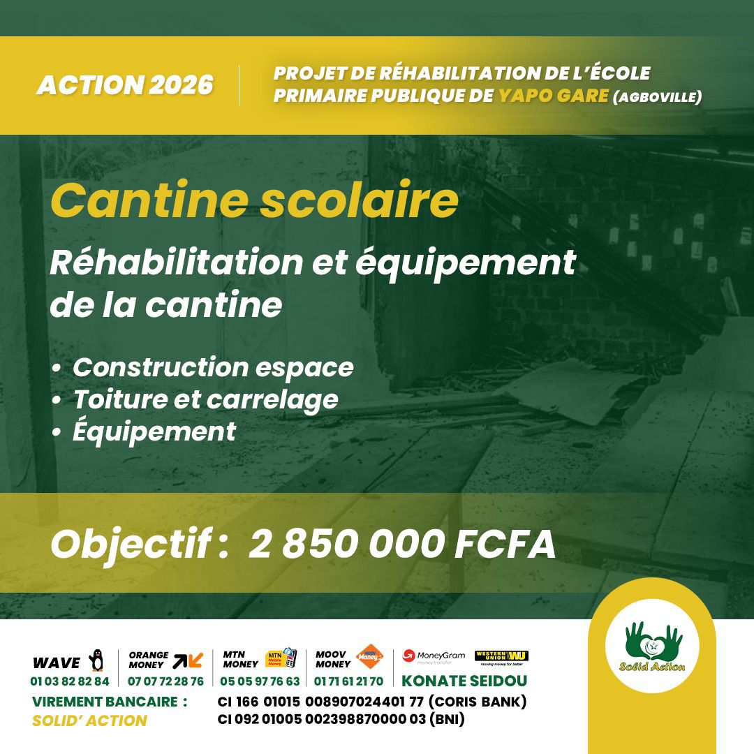 ziahy01's tweet photo. 🚨🚨 Nouveau challenge de la semaine.....🚨🚨 
🚧  Réhabilitation de la cantine scolaire de l'école primaire publique Yapo Gare, d'Agboville.
NB : Les travaux vont démarrer à partir du 20 Mai, début des congés scolaires, moment propice. 

#cotedivoire #solidaction #solidarité https://t.co/eJ0JBXJUYQ