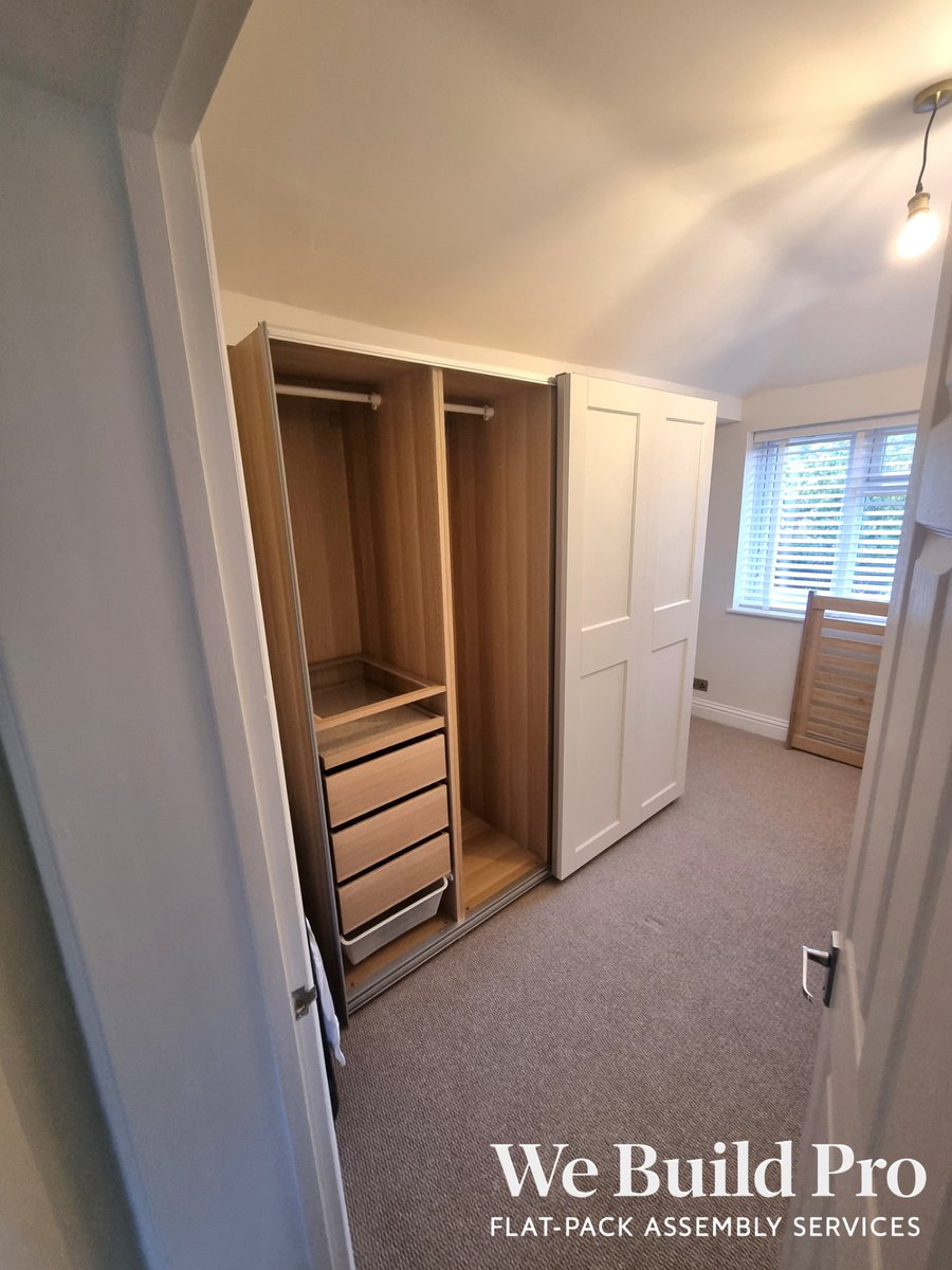 we_build_pro's tweet photo. PAX wardrobe. White panelled sliding doors on the outside, oak interior with rails and drawers inside.

We Build. So you don't have to.

Need help with yours? DM, call, or WhatsApp 07387 113435 for a free quote.

#WeBuildPro #FlatpackAssembly #PAXWardrobe #IKEAAssembly https://t.co/yQKXJ0BlqG