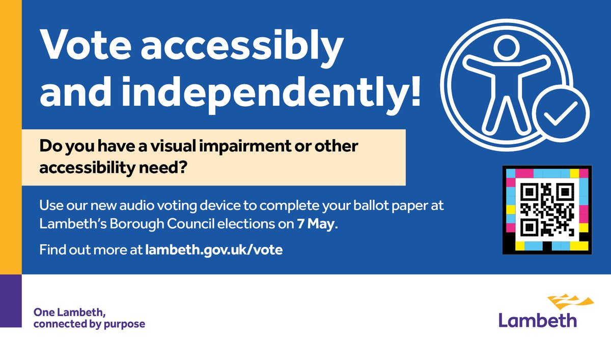 LBLDemocracy's tweet photo. Do you have a visual impairment or other accessibility need?

Use our new audio voting device to complete your ballot paper at Lambeth’s Borough Council elections on 7 May!📮

Find out more information at: https://t.co/m5OBtCxSwf https://t.co/I7HQBAS3m0