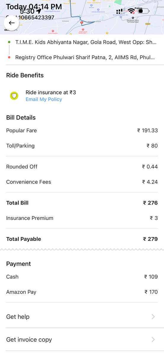 amar_spidy's tweet photo. Ola Cabs look into this! Same location: Earlier est ₹170, billed ₹276 (+₹80 fake “parking” at my APARTMENT). Today for same location Just ₹188 without any parking. Proof screenshots attached. Fix CRN: 10665423397! #Ola #olacabs #ConsumerRights @ola_supports @Olacabs https://t.co/4OWNt3lDqP