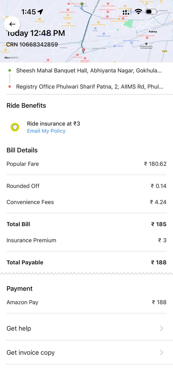 amar_spidy's tweet photo. Ola Cabs look into this! Same location: Earlier est ₹170, billed ₹276 (+₹80 fake “parking” at my APARTMENT). Today for same location Just ₹188 without any parking. Proof screenshots attached. Fix CRN: 10665423397! #Ola #olacabs #ConsumerRights @ola_supports @Olacabs https://t.co/4OWNt3lDqP