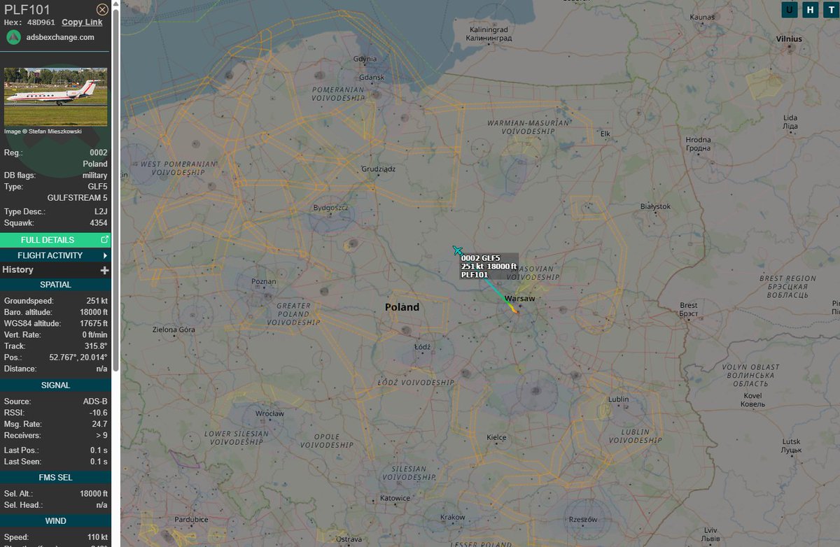 PolishMilRadar's tweet photo. 📅 07.04 🕓 10:25LT - 🇵🇱✈️ G550 z Warszawy do Babich Dołów
🇵🇱 Siły Powietrzne RP
✈️ Gulfstream G550 | Reg: "0002"
🛫 Port Lotniczy Warszawa #EPWA 🇵🇱
🛬 Baza Lotnictwa Morskiego Gdynia Babie Doły #EPOK 🇵🇱
#PLF101 leci na FL180 (5486 metrów)
🔗 https://t.co/yhhpwozc0u
#POLMILRADAR