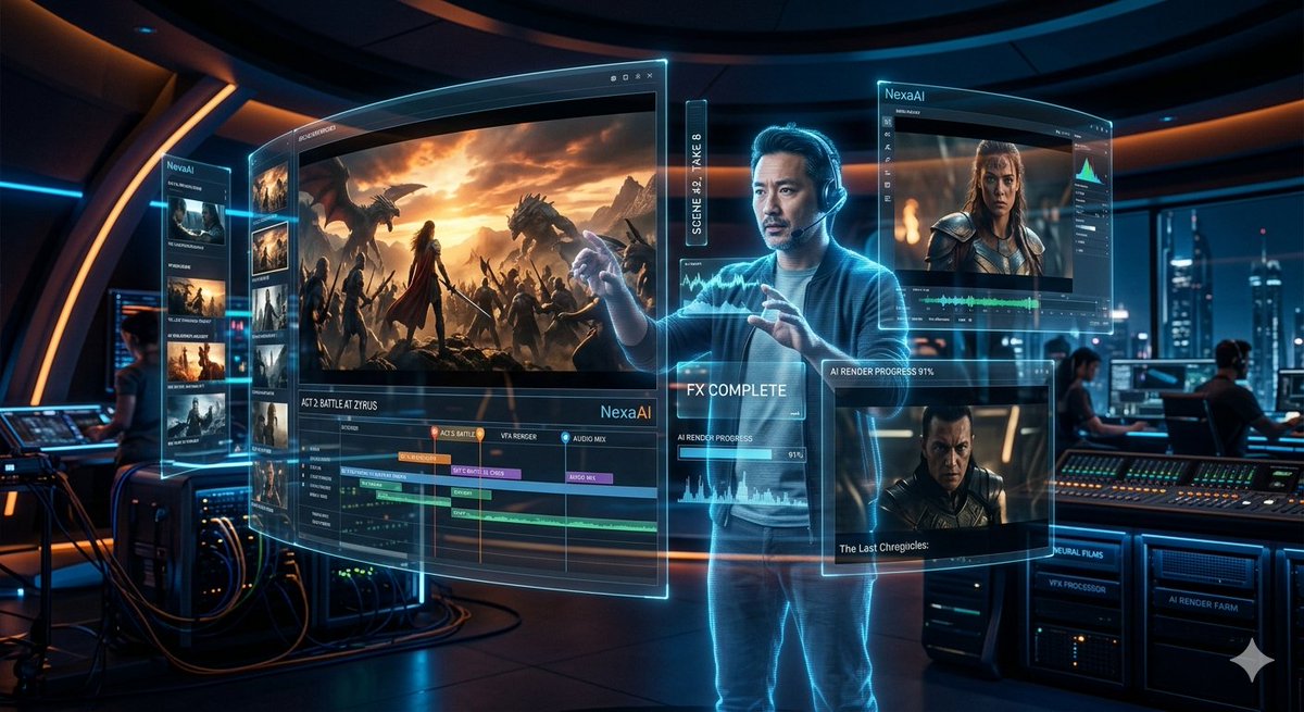 NexaAIStudio's tweet photo. The NexaAI platform is designed to be an all-in-one AI-powered creative studio that helps users produce high-quality movies and ads without needing traditional filmmaking resources.

#AIFilmmaking #HollywoodAI #AIProducedMovies #AIContentCreation #NextGenCinema #CinematicAI https://t.co/tVjdW3FsR2