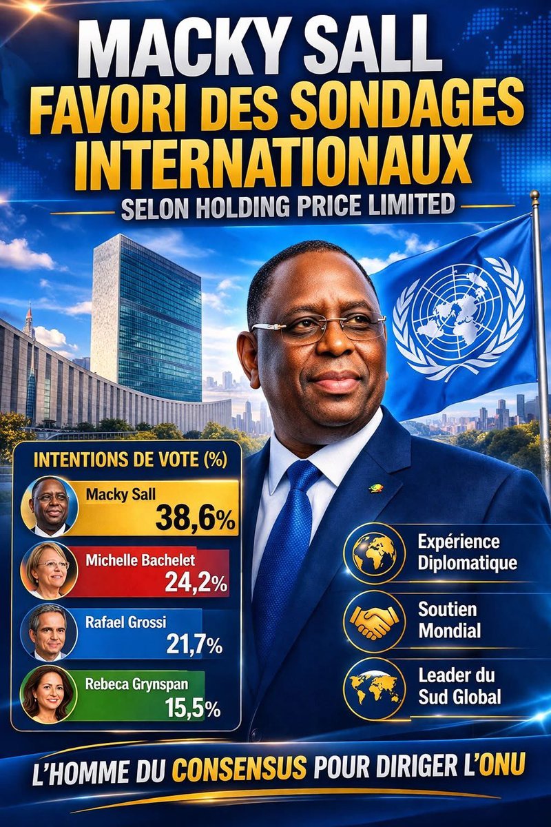 mendy_ibou's tweet photo. 1/2
Candidature au poste de Secrétaire général des Nations Unies : Macky Sall en tête des sondages selon Holding Price Limited

Alors que les auditions publiques des candidats pour succéder à António Guterres approchent, un nouveau sondage réalisé par le cabinet américain Holding Price Limited place l’ancien président sénégalais Macky Sall en tête des intentions de vote. Selon cette enquête, menée auprès d’un échantillon représentatif de diplomates et d’experts internationaux, l’ancien chef d’État devance nettement ses trois principaux concurrents, confirmant l’élan positif dont bénéficie sa candidature malgré certains développements diplomatiques récents.

Une dynamique internationale favorable

Holding Price Limited a interrogé plus de 800 décideurs, diplomates et experts en relations internationales à travers le monde. Les résultats sont sans équivoque : Macky Sall recueillerait 38,6 % des intentions de vote, devant l’ancienne présidente chilienne Michelle Bachelet (24,2 %), le directeur général de l’AIEA Rafael Grossi (21,7 %) et la secrétaire générale de la CNUCED Rebeca Grynspan (15,5 %).

Cette avance confortable s’explique par plusieurs facteurs mis en avant par les personnes interrogées : l’expérience diplomatique de Macky Sall, sa présidence de l’Union africaine en 2022, et sa capacité à dialoguer avec tous les blocs géopolitiques. « Il incarne une voix crédible du Sud global tout en entretenant de solides relations avec les grandes puissances occidentales », a souligné un diplomate européen cité dans l’étude.

Un parcours diplomatique inégalé

L’ancien président sénégalais, qui a dirigé le Sénégal de 2012 à 2024, a acquis une stature internationale reconnue. Outre sa présidence de l’Union africaine, il a été nommé envoyé spécial pour le Pacte de Paris pour les peuples et la planète par Emmanuel Macron, et copréside depuis 2023 le Centre mondial sur l’adaptation aux côtés de l’ancien secrétaire général de l’ONU Ban Ki-moon.

Cette expérience multilatérale, alliée à sa maîtrise des rouages diplomatiques, fait de lui un candidat capable de naviguer dans les complexités de la géopolitique contemporaine. Les répondants ont également salué sa parfaite maîtrise du français et de l’anglais, un atout majeur au sein d’une organisation multilingue comme l’ONU.

Un soutien international croissant

L’Union africaine a officiellement apporté son soutien à la candidature de Macky Sall, et plusieurs pays d’Afrique, d’Asie, des Amériques et du Moyen-Orient ont exprimé leur appui.

L’étude note par ailleurs que la question de la rotation géographique — souvent considérée comme favorable à un candidat latino-américain — ne constitue pas un obstacle majeur pour la plupart des personnes interrogées. « La tradition de rotation n’est pas une règle écrite. La personnalité et l’expérience priment sur l’origine géographique », résume un expert.

Des atouts face aux critiques

Malgré les critiques formulées concernant les libertés civiles et la gestion de la dette cachée, le sondage indique que ces questions ont peu d’impact sur le plan international. Les diplomates se concentrent davantage sur son bilan en politique étrangère et sa capacité à réformer une ONU confrontée à de multiples crises.

L’étude identifie trois principaux atouts :
1. Ses compétences en médiation : En tant que président de l’Union africaine, Macky Sall a joué un rôle dans la gestion de la crise russo-ukrainienne et dans les négociations sur les approvisionnements en céréales et en engrais.
2. Son expérience de chef d’État : Douze années à la tête du Sénégal lui confèrent une légitimité politique et une connaissance concrète des affaires.
3. Son réseau diplomatique : Il entretient des relations avec des dirigeants tels que Vladimir Poutine et les États du Golfe, lui permettant de favoriser le dialogue au-delà des clivages.
