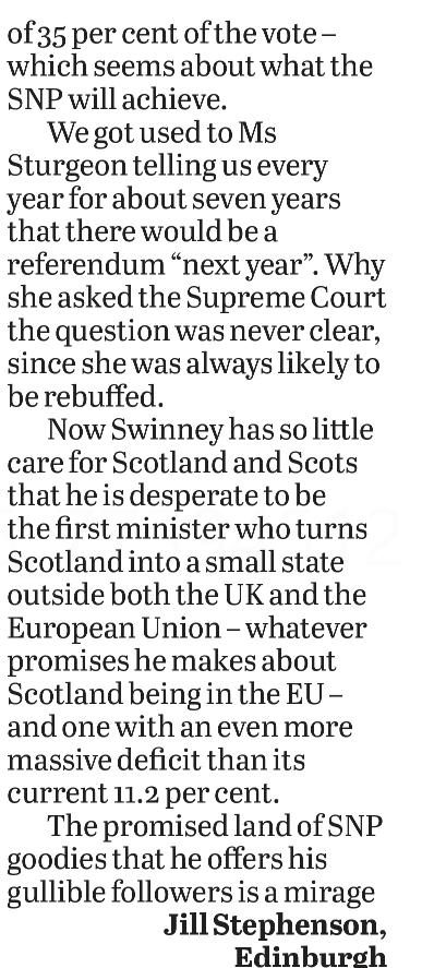 AgentP22's tweet photo. Jill Stephenson telling it how it is.

Regardless of the May election result there will be no independence referendum.

John Swinney is lying to his voters and they need to waken up to the fact.

@2351onthelist
