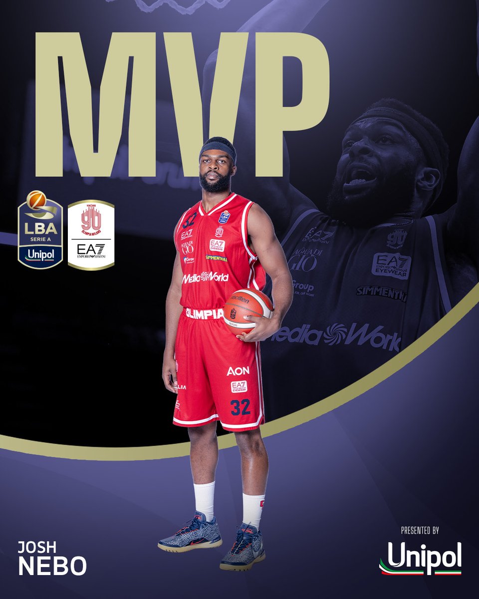LegaBasketA's tweet image. Josh Nebo è l’#MVP @UnipolCorporate della 25^ giornata 👑
Il giocatore dell'EA7 Emporio Armani Milano, dopo la vittoria contro Reggio Emilia, è stato votato da voi su Instagram, X, Threads e Whatsapp come miglior giocatore del turno! 🤩

#TuttoUnAltroSport
