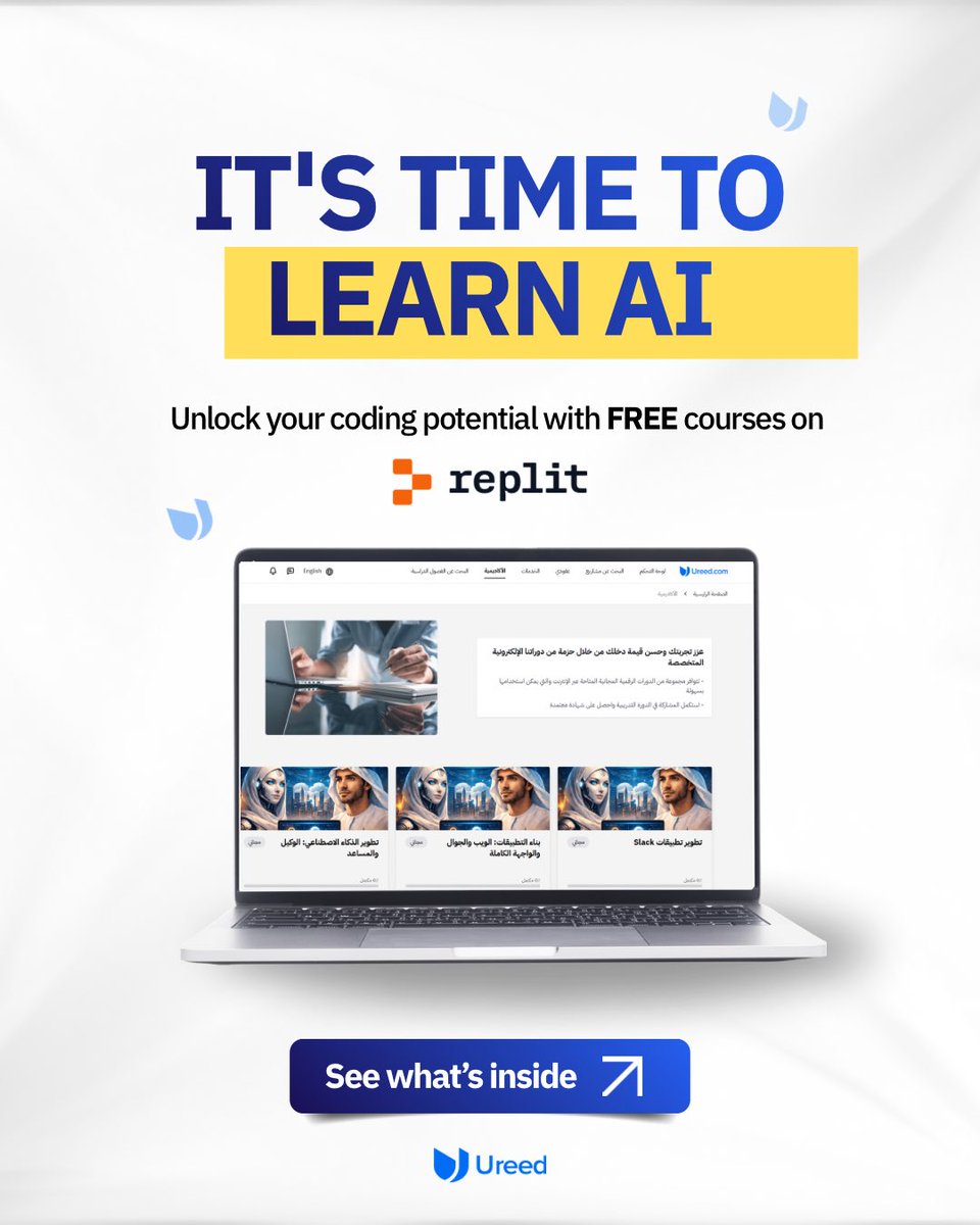 UreedArabia's tweet photo. It’s time to stop scrolling and start building!￼   Whether you’re just getting started or looking to level up your skills, this is your chance to learn AI and build real apps, not just watch tutorials!   With Ureed Academy, you can now learn on Replit in Arabic, with a complete step-by-step experience designed to help you actually create. ✨ Real projects ✨ Clear learning path from beginner to pro ✨ Arabic-dubbed lessons ✨ 100% free   You won’t just learn, you’ll build real projects you can showcase in your portfolio and use to grow your freelance career! Start building today and take the first step toward turning your ideas into real applications.    Get started: https://t.co/3NEFH098D1   #AIlearning #Replit #AICourses #LearnToCode #ArabicTech #TechEducation #Ureed