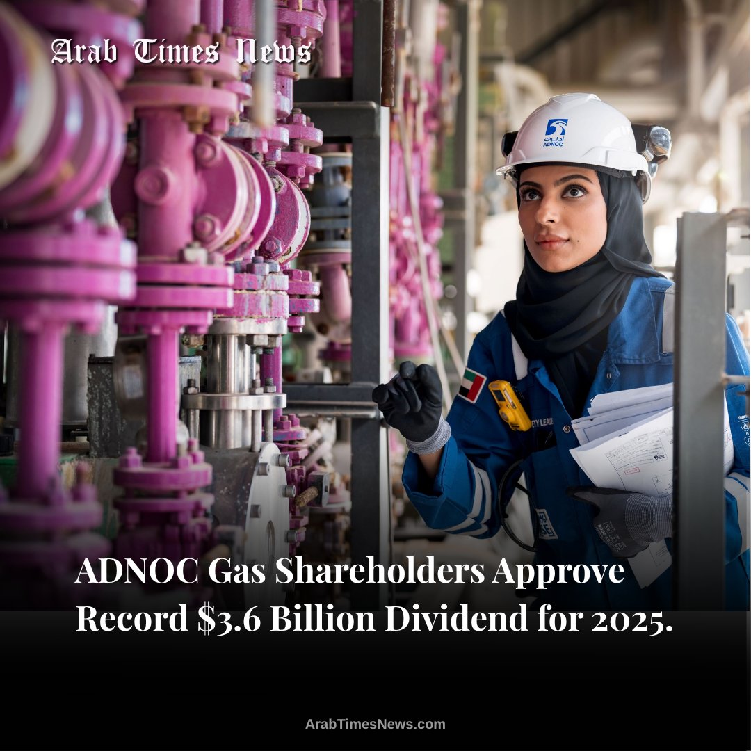 arabtimesnews's tweet image. ADNOC Gas shareholders approved a record $3.584 billion dividend for the 2025 financial year, reinforcing the company’s strong performance, steady growth strategy, and commitment to delivering long term value to investors. Photo: WAM

#ADNOCGas #UAEBusiness #DividendGrowth