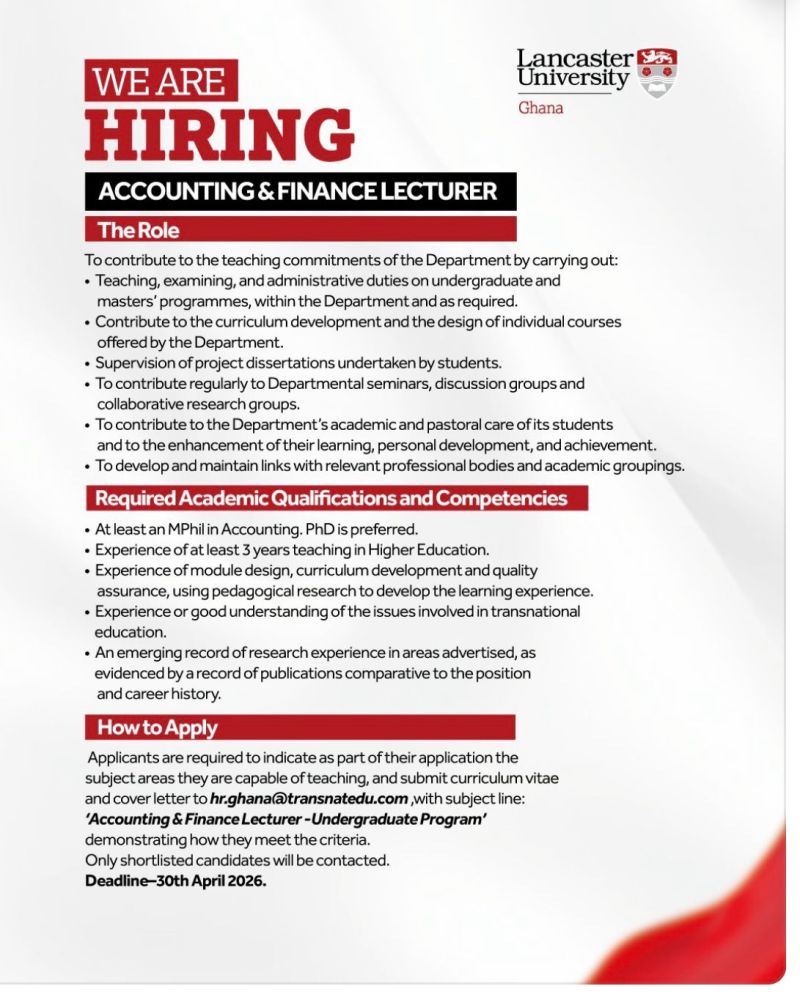 VacanciesGh's tweet image. Vacancy: ACCOUNTING &amp;amp; FINANCE LECTURER -  To view and apply, click vacanciesinghana.com/short/Vp73J