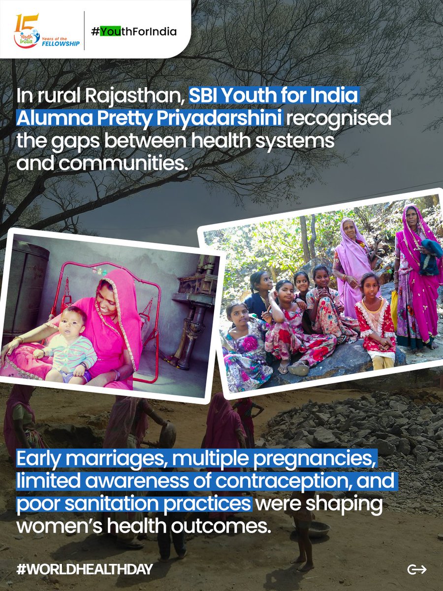 sbi_yfi's tweet photo. What does healthcare look like where access itself is a challenge?

Dr. Pretty Priyadarshini’s (@know_Dr_Pretty) journey through the SBI Youth for India Fellowship shows how health systems are shaped as much by communities as by institutions.

During her Fellowship, she designed and implemented PRAYAS, a community health initiative that encouraged women to engage more actively in conversations around safe motherhood, hygiene, and reproductive health, not just as beneficiaries, but as participants in change.

Today, she continues to contribute to India’s public health landscape through her work in the National Immunization Programme, carrying forward lessons rooted in lived realities.

This World Health Day, her journey reminds us that stronger health systems begin with understanding the communities they are meant to serve.

#WorldHealthDay #PublicHealth #SBIYouthForIndia #SBIYFIFellowship #AlumniStories #SocialImpact #FellowshipJourneys