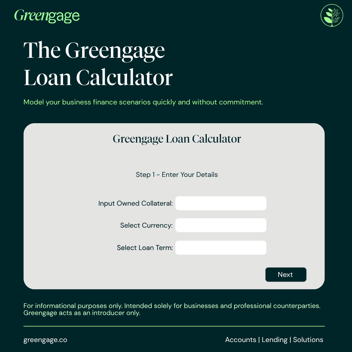 sidebar_bur's tweet photo. Are your business finance projections built on solid ground? 

Greengage's Loan Calculator lets finance teams model indicative scenarios without commitment.

For informational purposes only. Businesses &amp; professionals only. Link in comments. 
#BusinessFinance #CryptoFinance https://t.co/ADUVc1GQVW