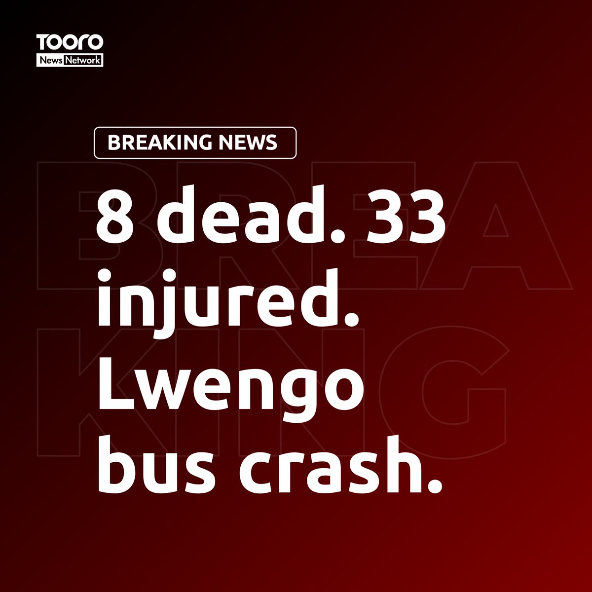 TooroNewsNet's tweet photo. Eight people have been confirmed dead in a bus accident at Kitereedde in Lwengo District. The bus, registration number UAL 492H, was traveling from Rukungiri to Kampala when it collided head-on with a box body truck.

#TooroNewsNetwork https://t.co/0c9bXImie9
