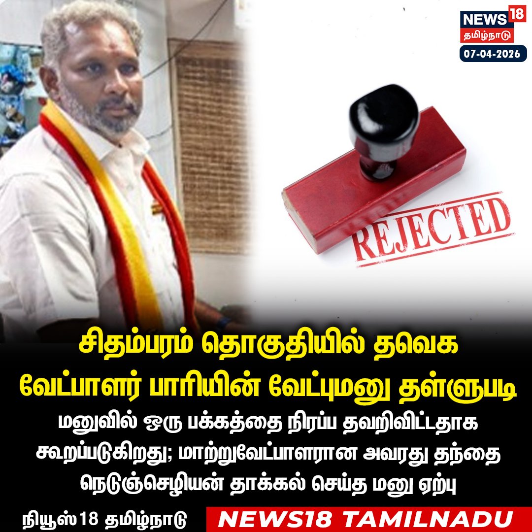 News18TamilNadu's tweet photo. #JUSTIN சிதம்பரம் தொகுதியில் தவெக வேட்பாளர் பாரியின் வேட்புமனு தள்ளுபடி
#Chidambaram #TVKCandidate #Paari #Rejection #News18Tamilnadu | https://t.co/3v5L32pLWJ https://t.co/rdDmDJvW9Y