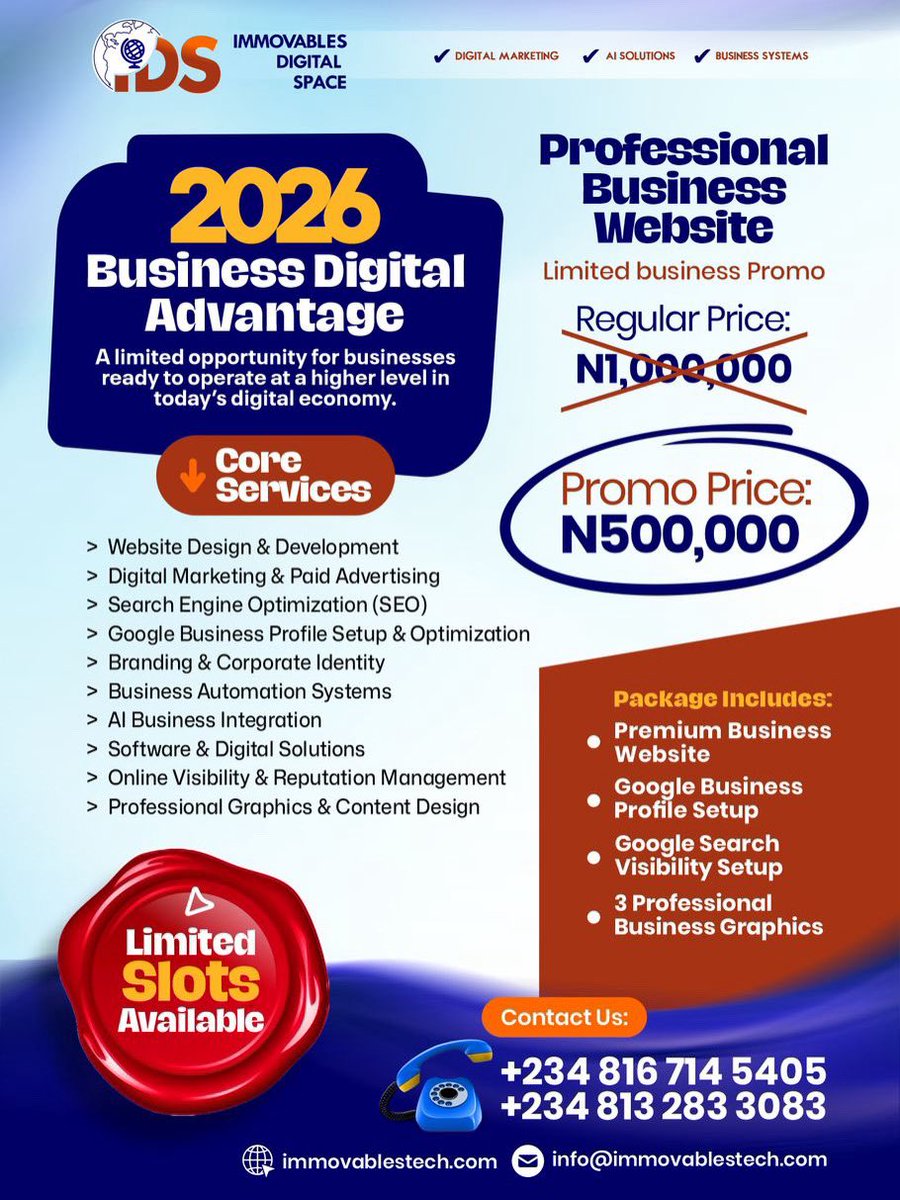 immovablestech's tweet photo. Your business deserves to be seen. 🚀
Let’s take you digital and profitable in 2026 Limited slots available
#ImmovablesDigitalSpace #BusinessGrowth #DigitalMarketingNigeria #WebsiteDesign #Abeokuta https://t.co/tEcq9RpeQ9
