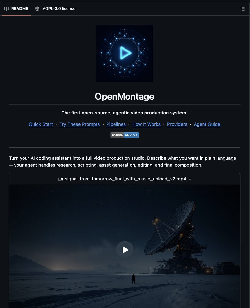 DeepTechTR's tweet image. 🚨Açık kaynaklı, ajan tabanlı bir video prodüksiyon sistemi piyasaya sürüldü -- 11 işlem hattı, 49 araç ve toplamda 0,69 dolara üretilmiş eksiksiz bir ürün reklamı.

Adı OpenMontage. Ve bu bir metinden videoya dönüştürme aracı değil.

Bu, yapay zeka kodlama asistanınızın (Claude