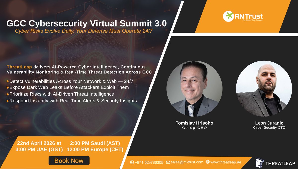 rntrustme's tweet photo. Join us for the GCC Cybersecurity Virtual Summit 3.0, where we will introduce ThreatLeap, a SaaS solution that continuously monitor your organization's digital posture to detect vulnerabilities.
Book Now: https://t.co/tIYoIETquL https://t.co/9GAz2dAnUT