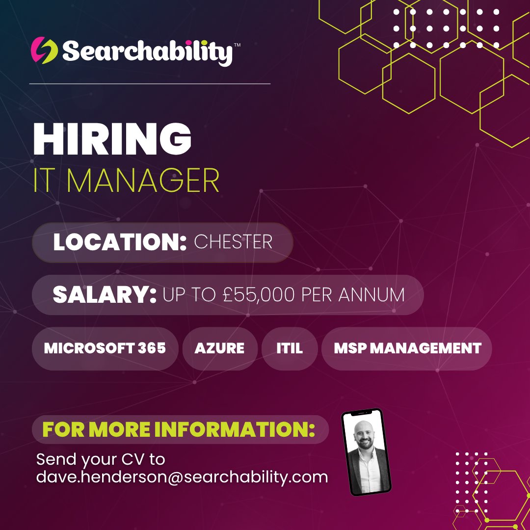 SearchabilityUK's tweet photo. This is a hands-on leadership role where you’ll act as the internal “Head of Tech”. You’ll oversee day-to-day IT support, manage hardware and user lifecycle, and ensure systems remain secure, compliant, and efficient. ⚡

Find out more &amp; apply: https://t.co/XIKtFUBOGo https://t.co/LmIBlTrvKb