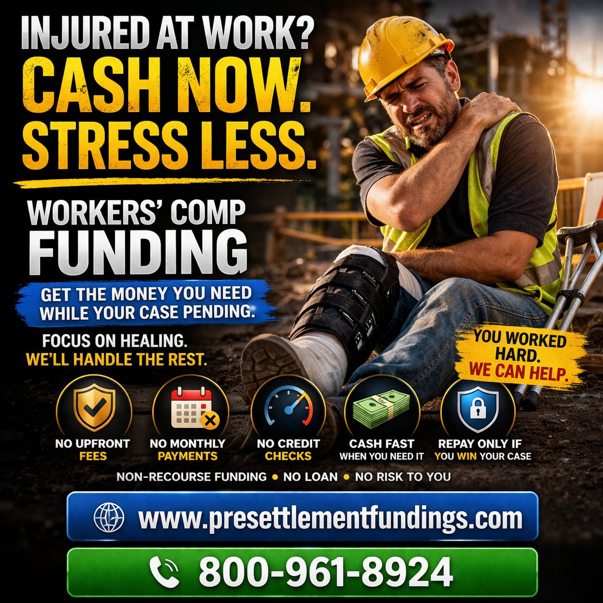 Ecopresettle's tweet photo. Injured at work and waiting on your claim?

Your bills don’t wait.

You may qualify for non-recourse pre-settlement funding — access cash based on your case, not your credit.

 https://t.co/LznoRPLwIk
#WorkersComp #LegalFunding https://t.co/HiVl3Omu0J