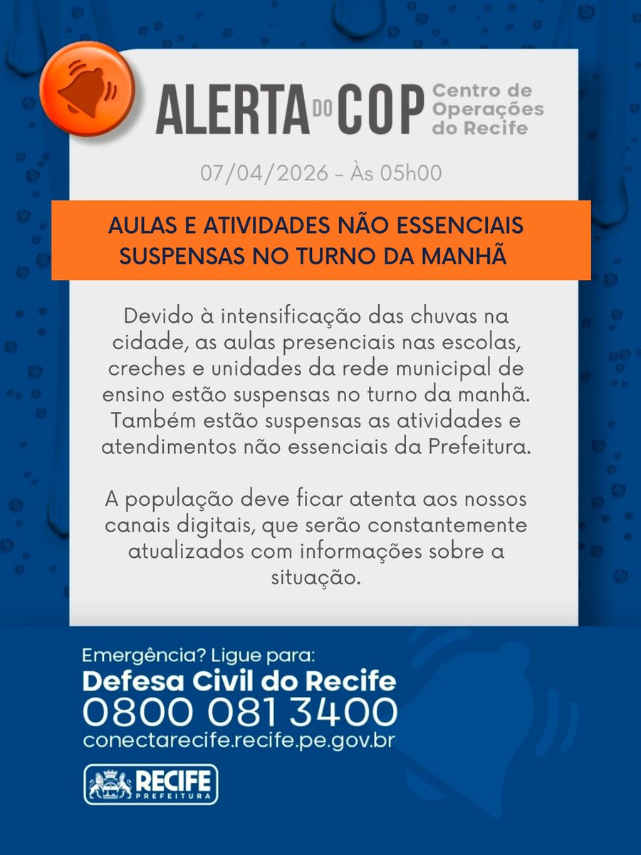 prefrecife's tweet photo. AULAS E ATIVIDADES NÃO ESSENCIAIS SUSPENSAS
⚠️Devido à intensificacão das chuvas, as aulas presenciais nas escolas, creches e unidades da rede municipal de ensino estão suspensas no turno da manhã. Também estão suspensas as atividades e atendimentos não essenciais da Prefeitura https://t.co/lwnF8MheAg